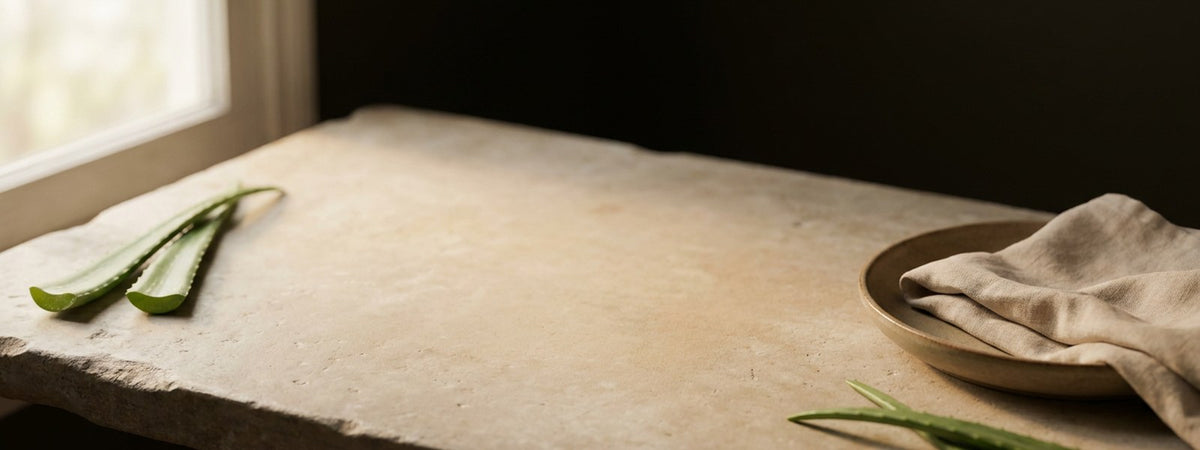 Desert Harvest 33rd Anniversary - aloe vera leaves on a limestone workbench in warm morning light