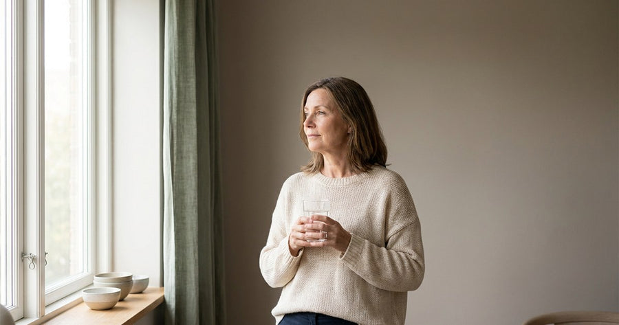A woman by a window, holding a glass of water
