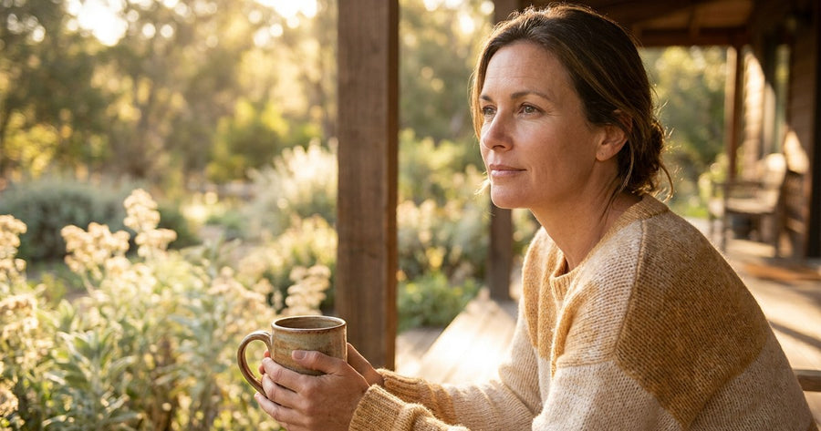 A woman on a porch in the morning light, holding a mug