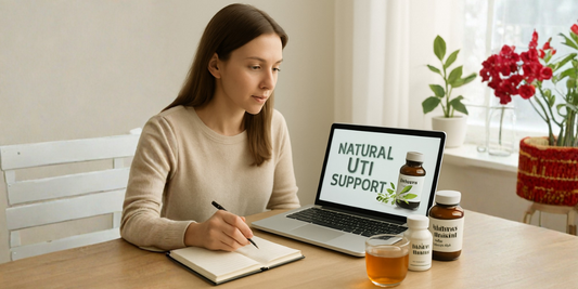 Woman researching natural UTI support options with botanical supplements and herbal tea