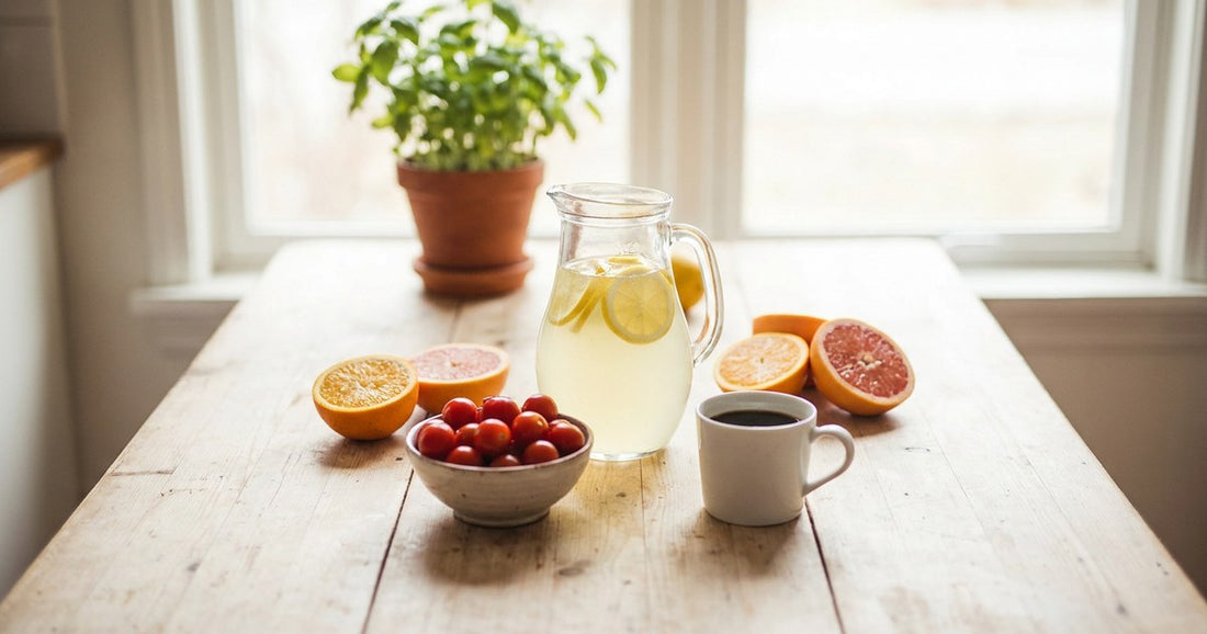 Summer table with lemonade, tomatoes, citrus and coffee illustrating dietary acid, Desert Harvest
