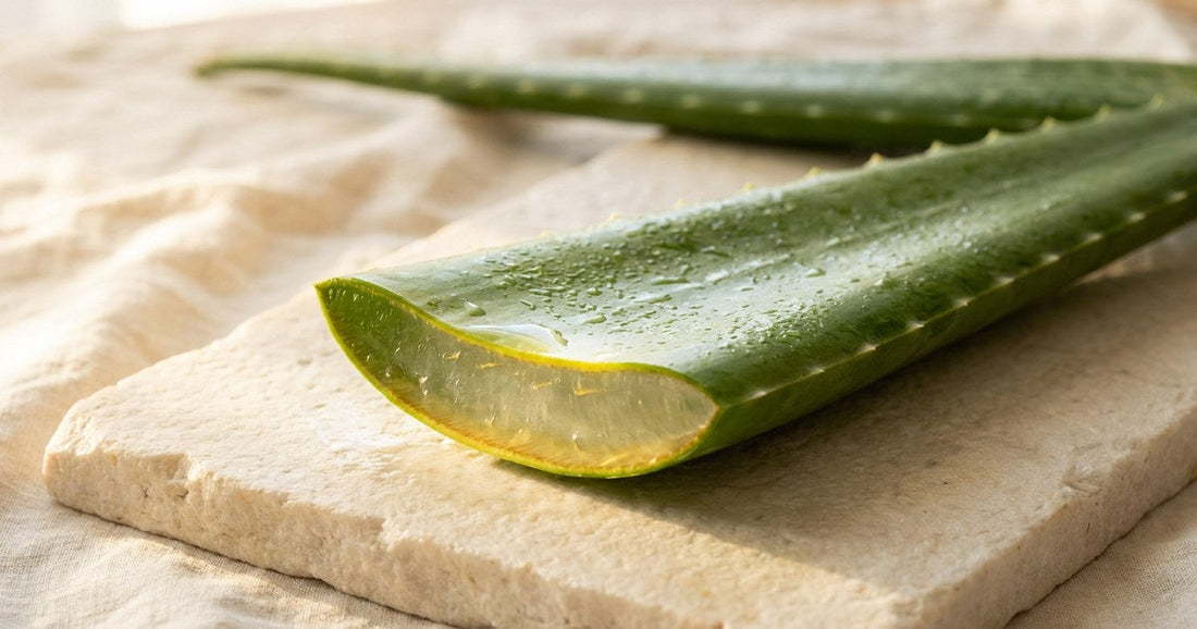 Cross-section of a fresh aloe vera leaf showing inner gel, latex layer and rind — Desert Harvest