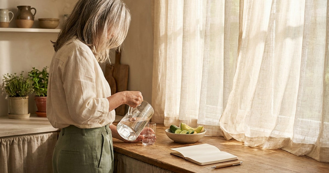 Woman refilling a water glass on a warm summer morning — Desert Harvest bladder comfort