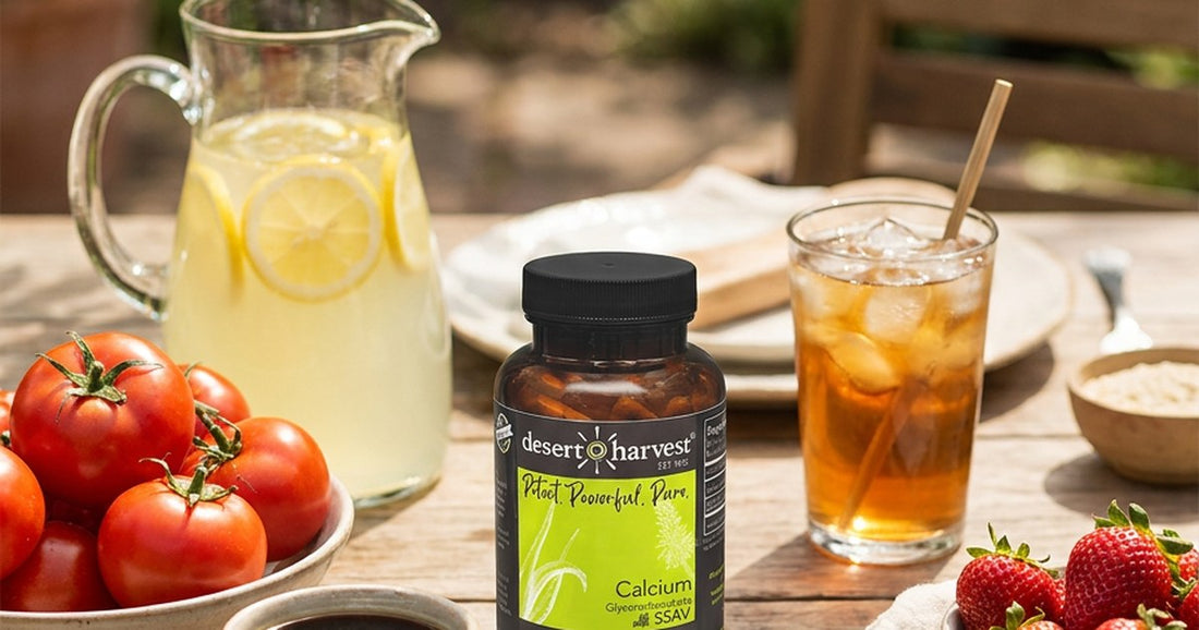 Summer table with lemonade, tomatoes and coffee illustrating dietary acid — Desert Harvest
