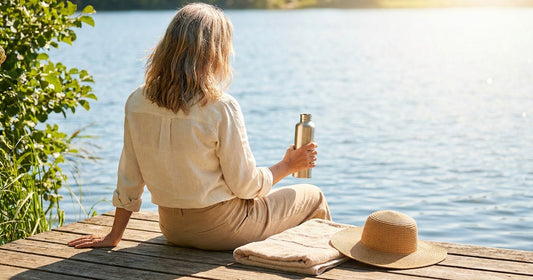Woman with a water bottle and towel on a bright summer day by the water — Desert Harvest