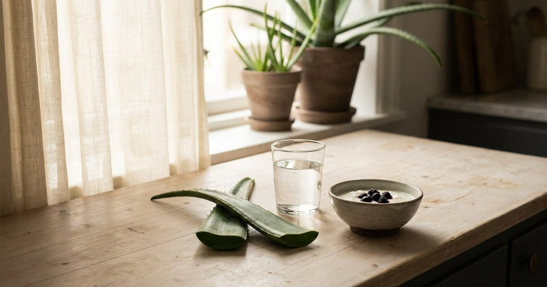 Fresh aloe leaves and a glass of water on a sunlit kitchen counter — Desert Harvest gut support