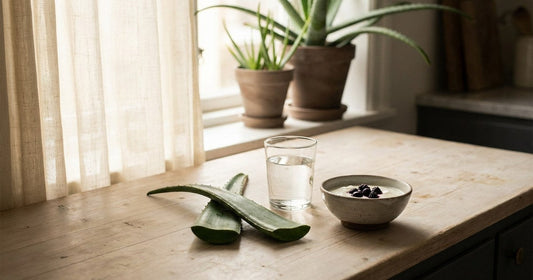 Fresh aloe leaves and a glass of water on a sunlit kitchen counter — Desert Harvest gut support