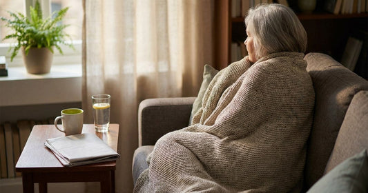 Woman resting at home with tea and a water glass during a cold — Desert Harvest bladder comfort