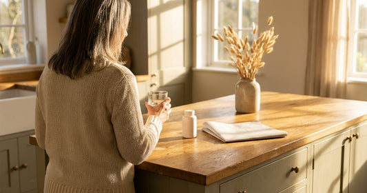 Woman preparing a calm morning routine with water and supplements — Desert Harvest menopause support