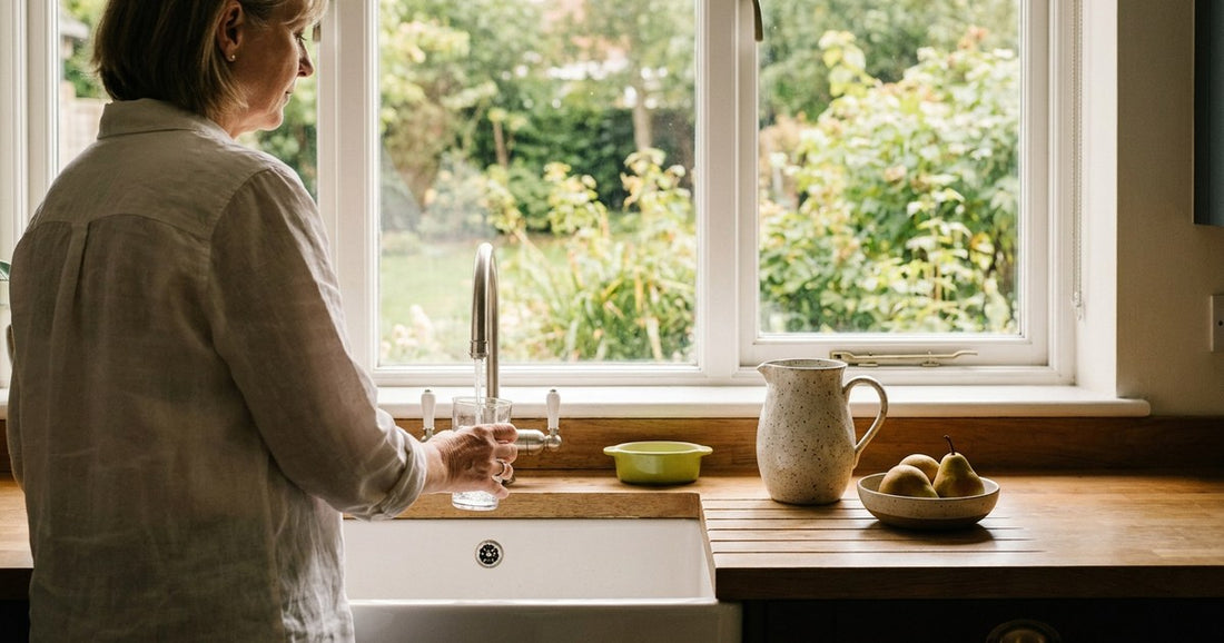 Woman filling a water glass at a bright kitchen window in late summer — Desert Harvest