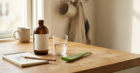 Desert Harvest daily supplement routine on a warm kitchen counter with a glass of water and notebook