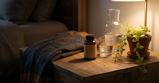 Calm bedside evening scene with water and supplements, Desert Harvest magnesium for menopause