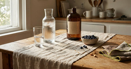 Glass water carafe and daily supplements on a sunlit kitchen table, Desert Harvest urinary wellness