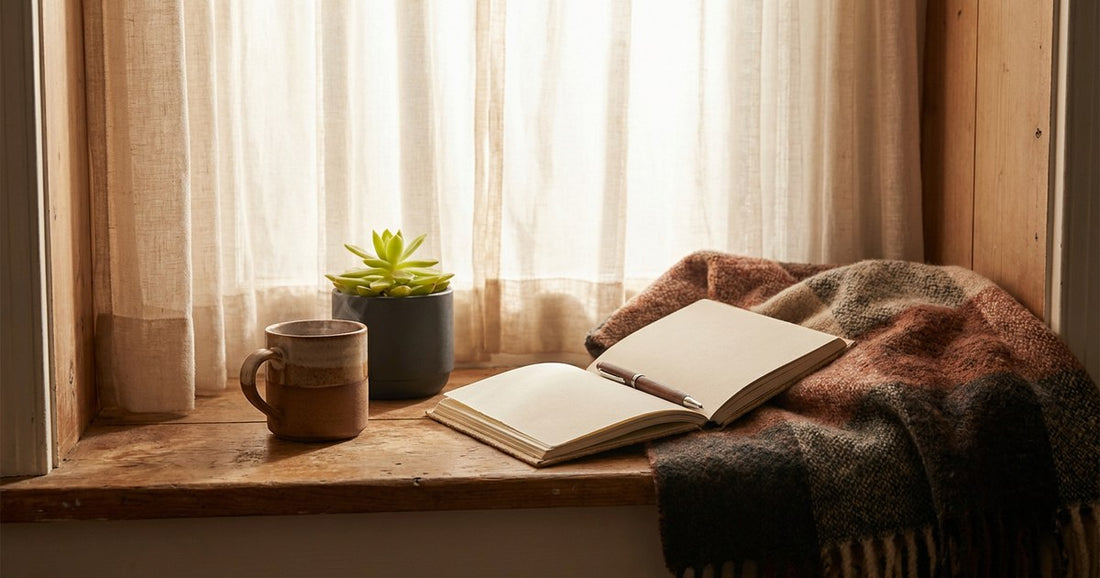 Quiet morning window scene with tea and an open notebook, Desert Harvest chronic pain brain fog