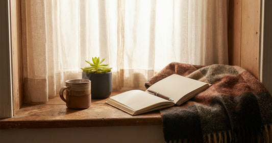 Quiet morning window scene with tea and an open notebook, Desert Harvest chronic pain brain fog