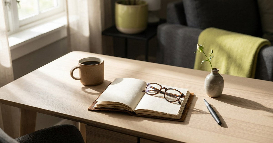 Warm morning desk scene with coffee, reading glasses and a planner, Desert Harvest menopause support