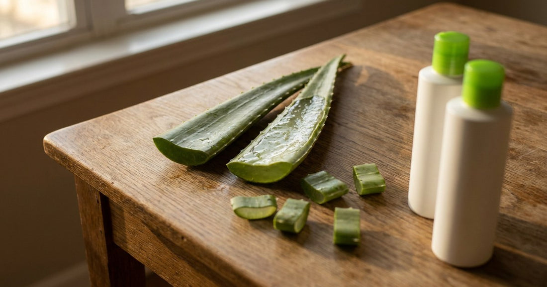 Desert Harvest aloe vera leaf cut open beside two supplement bottles on a warm wooden surface