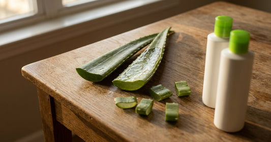 Desert Harvest aloe vera leaf cut open beside two supplement bottles on a warm wooden surface