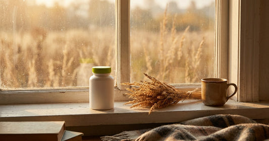 Desert Harvest Quercetin bottle on a windowsill beside dried autumn grasses in warm morning light