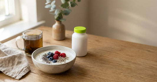 Desert Harvest still life of a warm breakfast bowl, tea and a supplement bottle in soft morning light