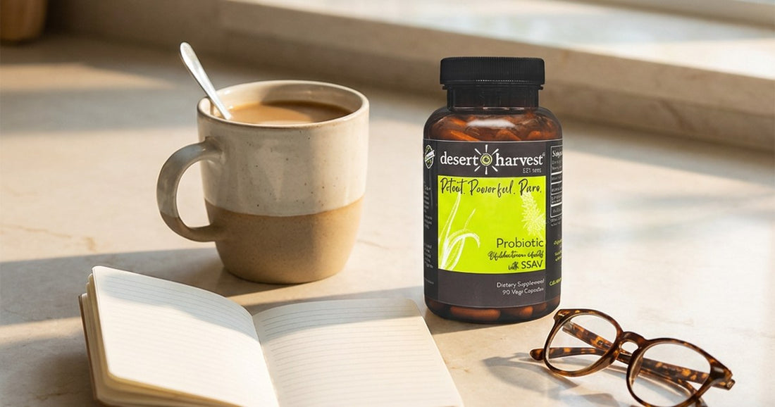 Desert Harvest Probiotic bottle on a morning kitchen counter with coffee and open notebook