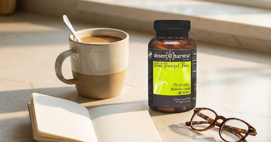 Desert Harvest Probiotic bottle on a morning kitchen counter with coffee and open notebook