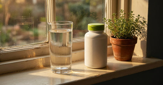 Desert Harvest hero image of a glass of water and a supplement bottle on a sunlit kitchen windowsill