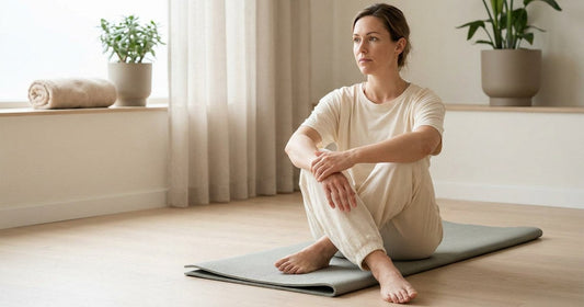 Woman sitting relaxed on a mat in a bright physiotherapy studio, representing pelvic floor physical therapy