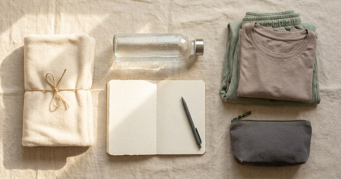 Flat-lay of an IC/BPS flare kit with a heat pad, notebook, and water on linen, Desert Harvest