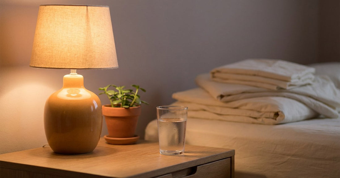 Warm bedside nightstand with a lamp and water glass, quiet intimacy and rest with IC/BPS, Desert Harvest
