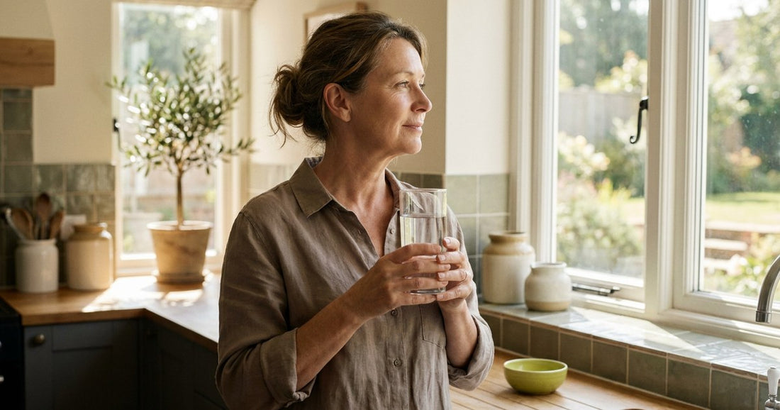 Woman in her 50s drinking water in a sunlit kitchen, a Desert Harvest wellness routine