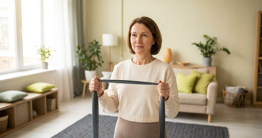 Woman in her 50s doing gentle resistance stretching at home, a Desert Harvest wellness routine
