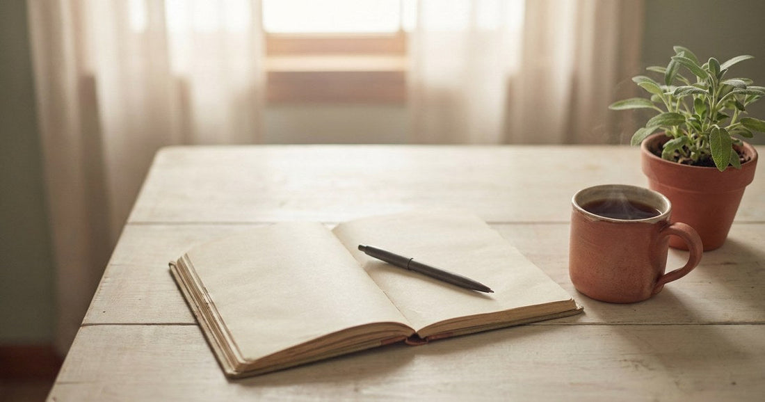 Open notebook, pen and a cup of tea on a kitchen table in morning light, a Desert Harvest perimenopause scene
