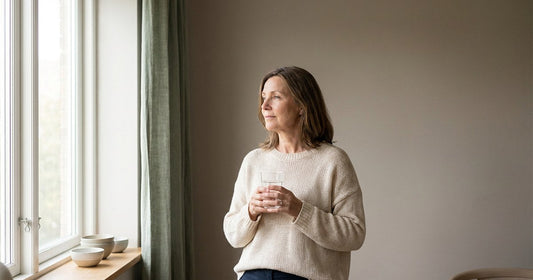 Woman in her 50s by a sunlit window, a Desert Harvest menopause bladder wellness feature