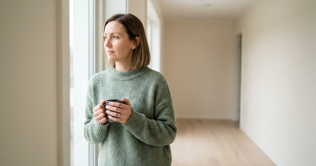 Woman standing by a bright window with a mug of tea, a Desert Harvest feature on Skenitis and UTI-like symptoms