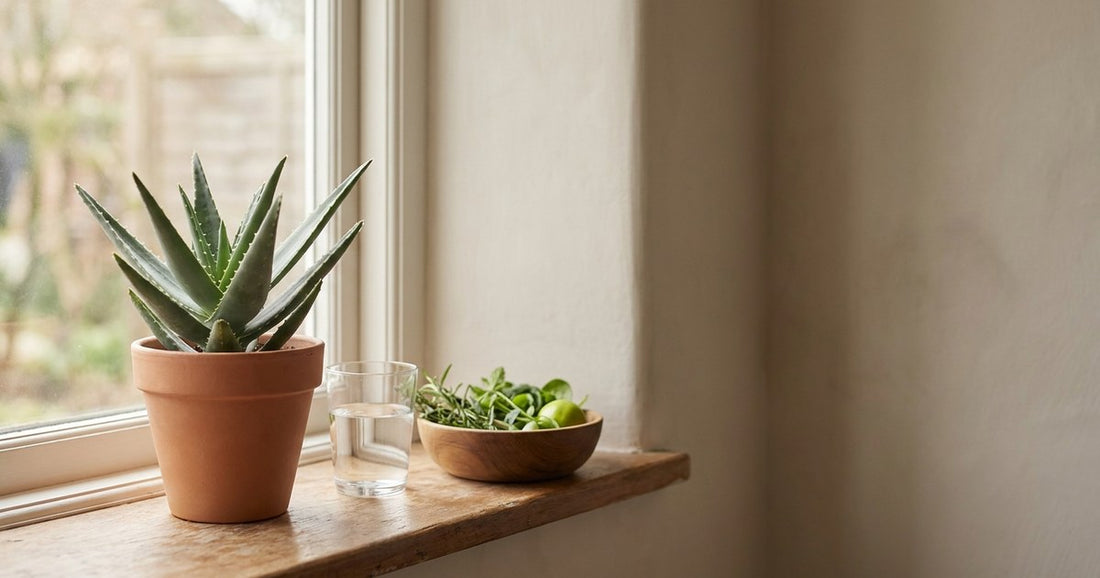 A potted Aloe Vera plant on a sunny kitchen windowsill beside a glass of water, Desert Harvest