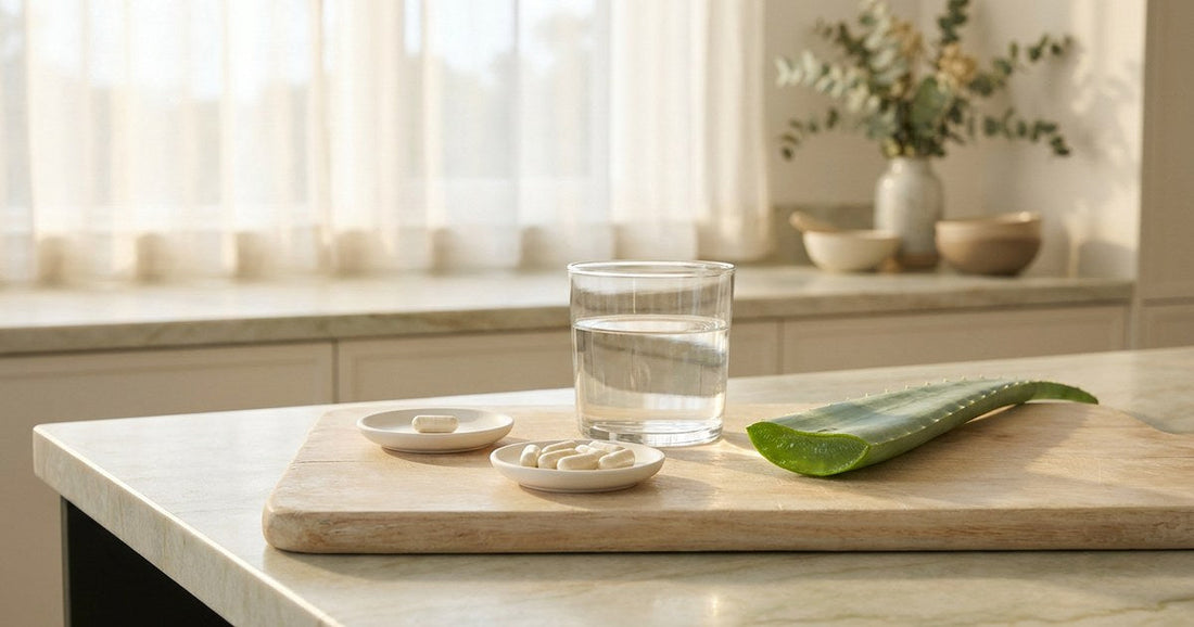 A glass of water, capsules and a cut Aloe Vera leaf on a morning kitchen counter, a Desert Harvest routine scene