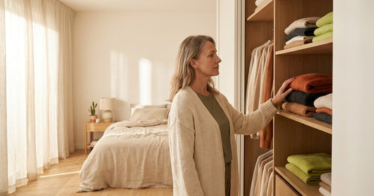 Woman in her 50s looking at folded clothes in a sunlit closet, a Desert Harvest menopause wellness image