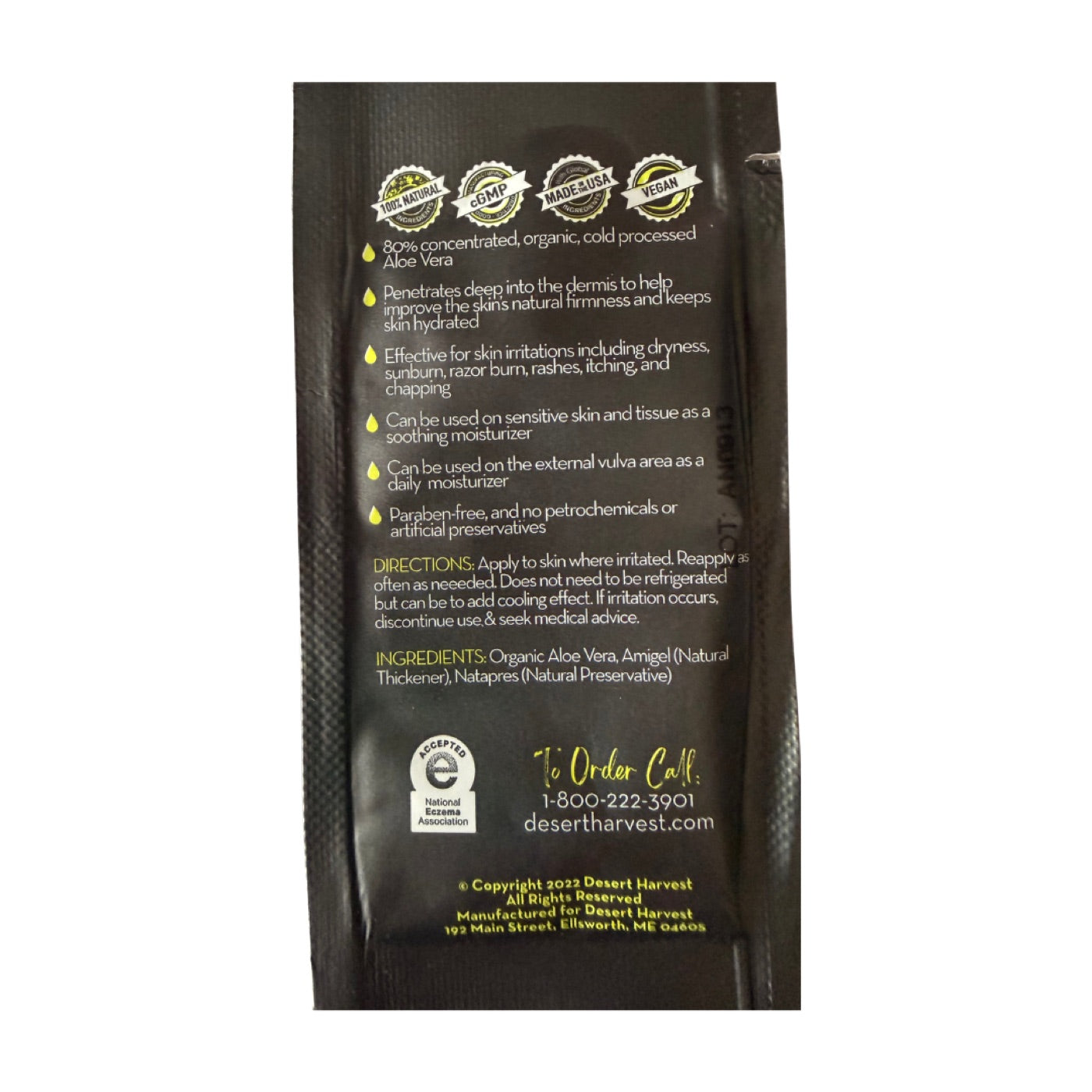 Aloe Vera Gelé travel packet — back label