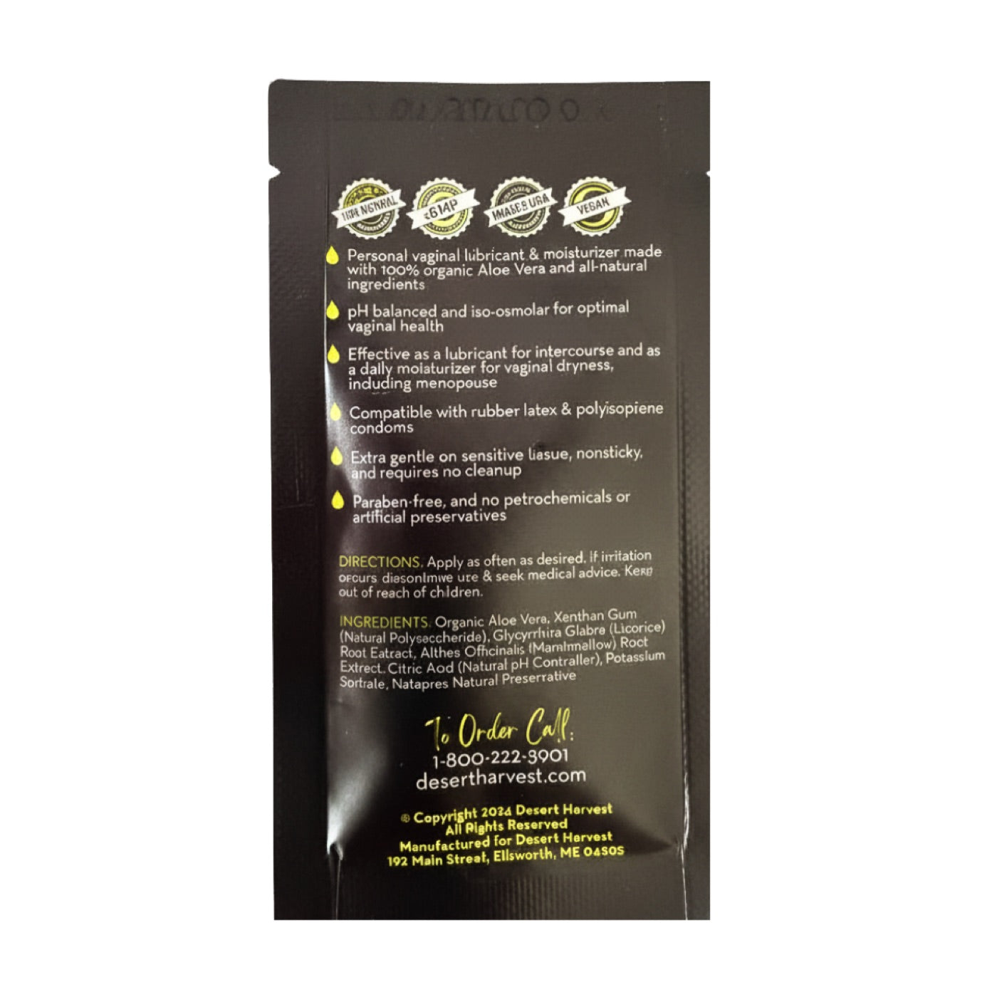 Aloe Glide travel packet — back label