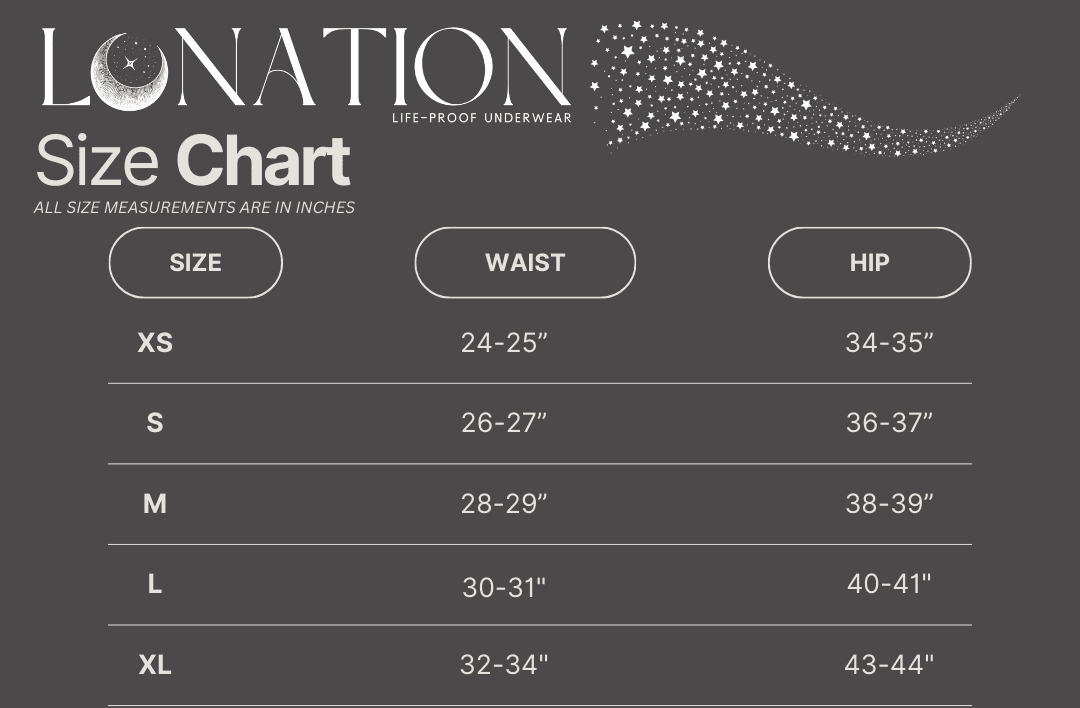 Lunation Period and Bladder-Leak Underwear size chart