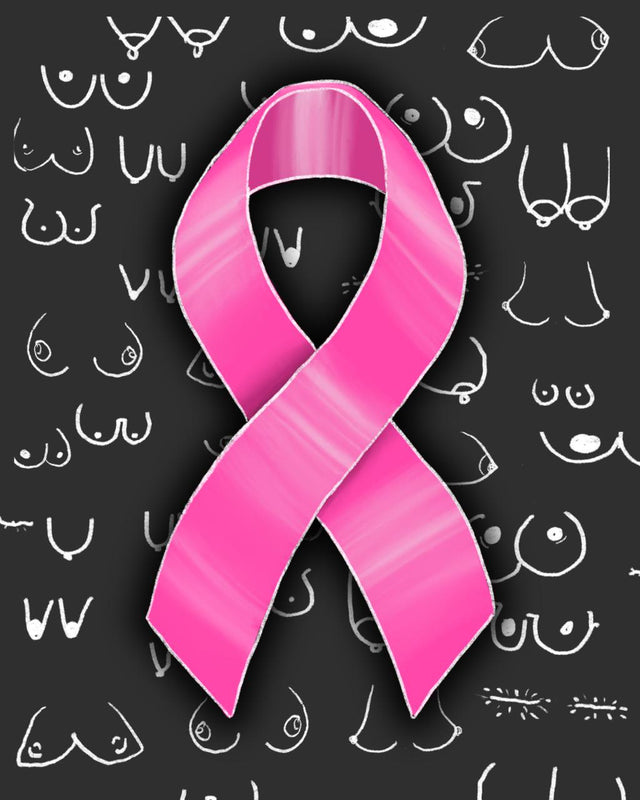 Pink breast cancer awareness ribbon over white hand-drawn line doodles on a dark background