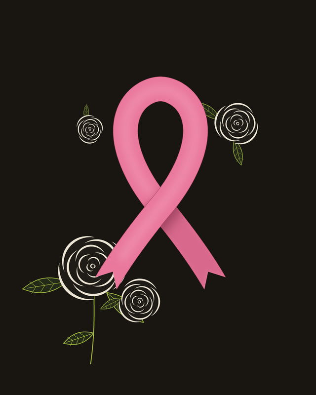 Desert Harvest Breast Cancer Awareness Month: a pink ribbon with cream rose line art on a dark background