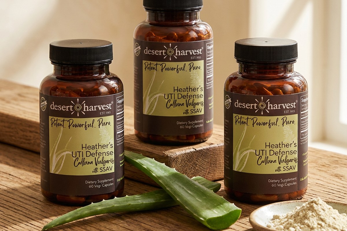 Desert Harvest supplement bottles grouped with fresh Aloe Vera leaves on a warm wooden table