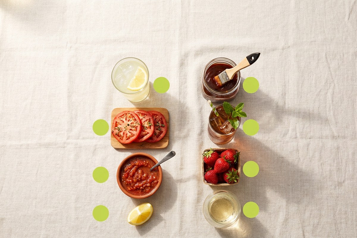 Visual checklist of acidic summer cookout foods and drinks — Desert Harvest bladder-friendly guide