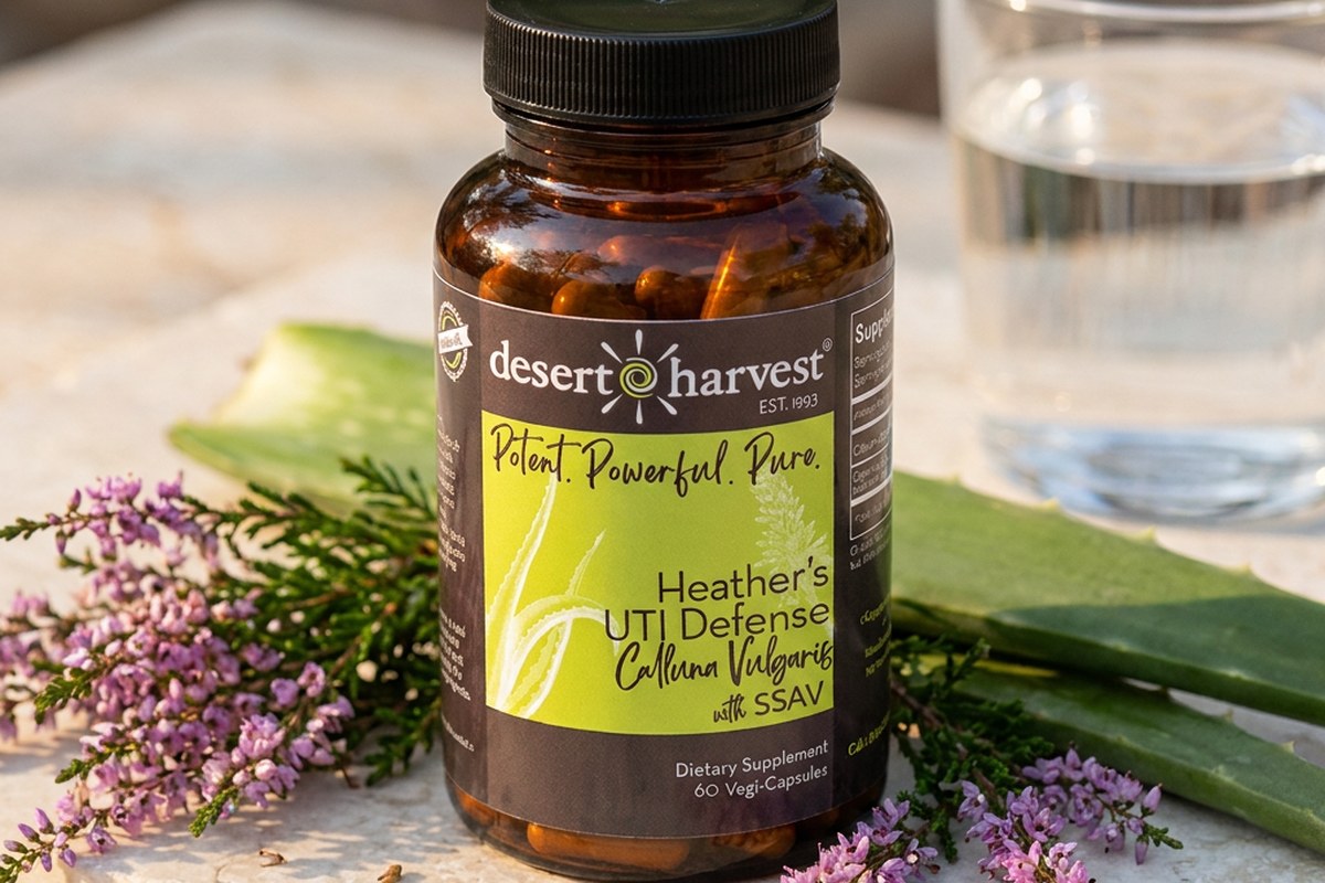 Desert Harvest Heather's UTI Defense capsules with purple Calluna vulgaris heather blooms