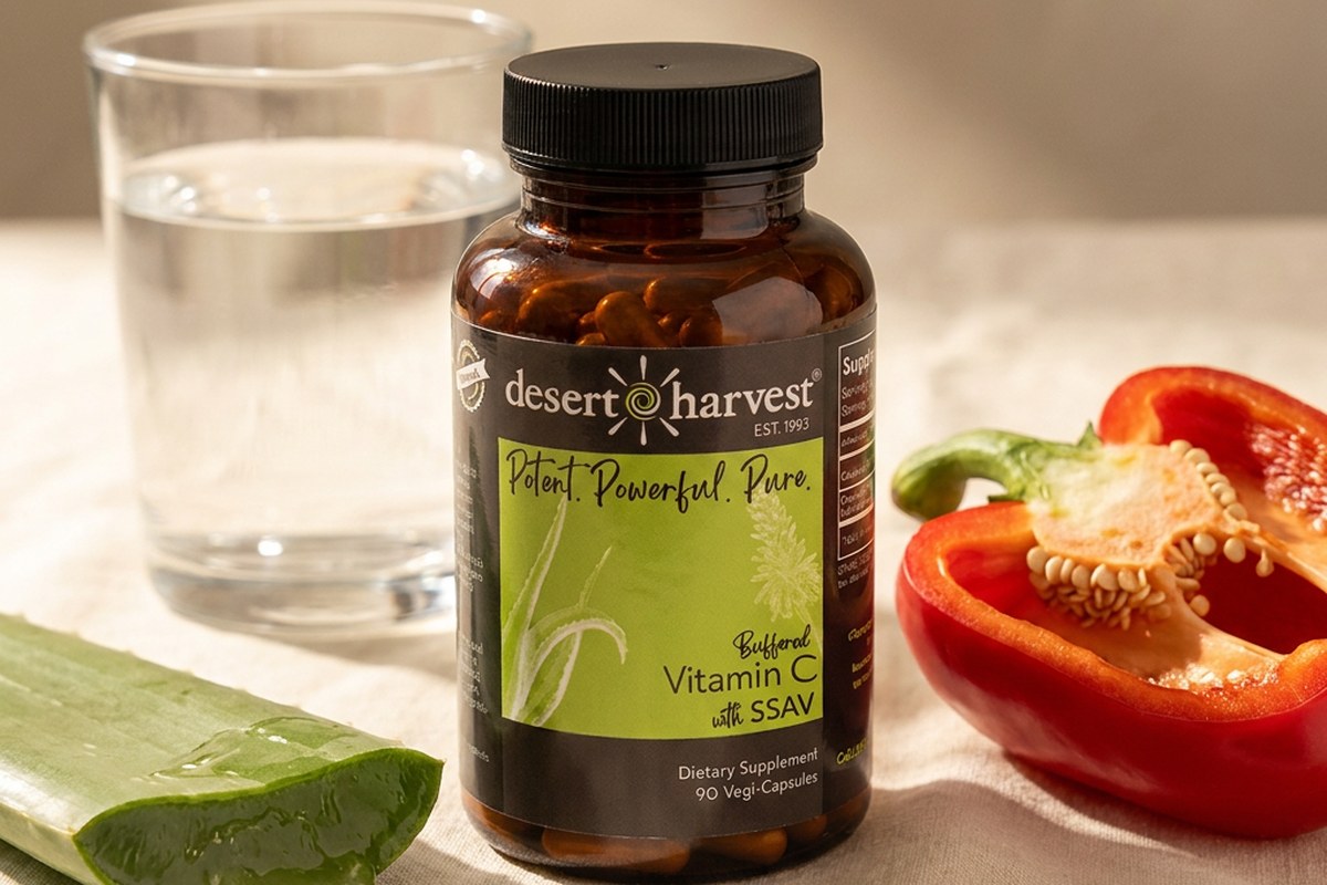 Desert Harvest Buffered Vitamin C bottle with bell pepper, Aloe Vera leaf and water glass