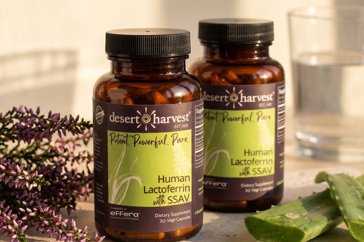Desert Harvest lactoferrin and Heather's UTI Defense bottles with heather and Aloe Vera