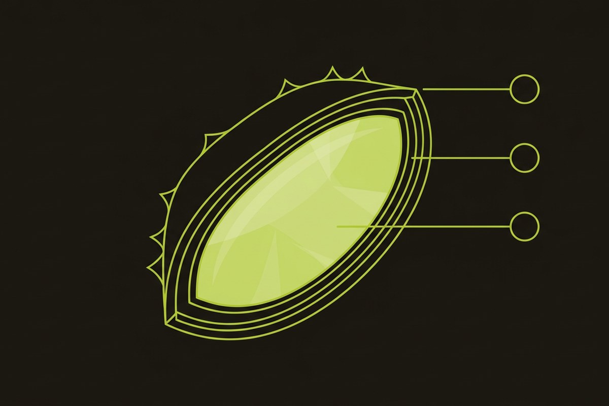 Cross-section diagram of an Aloe Vera leaf showing rind, latex layer and inner gel, by Desert Harvest
