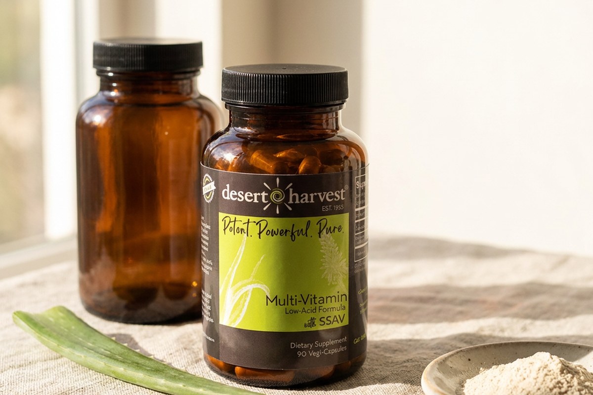 Desert Harvest Magnesium and Multi-Vitamin bottles with fresh Aloe Vera on a warm linen surface